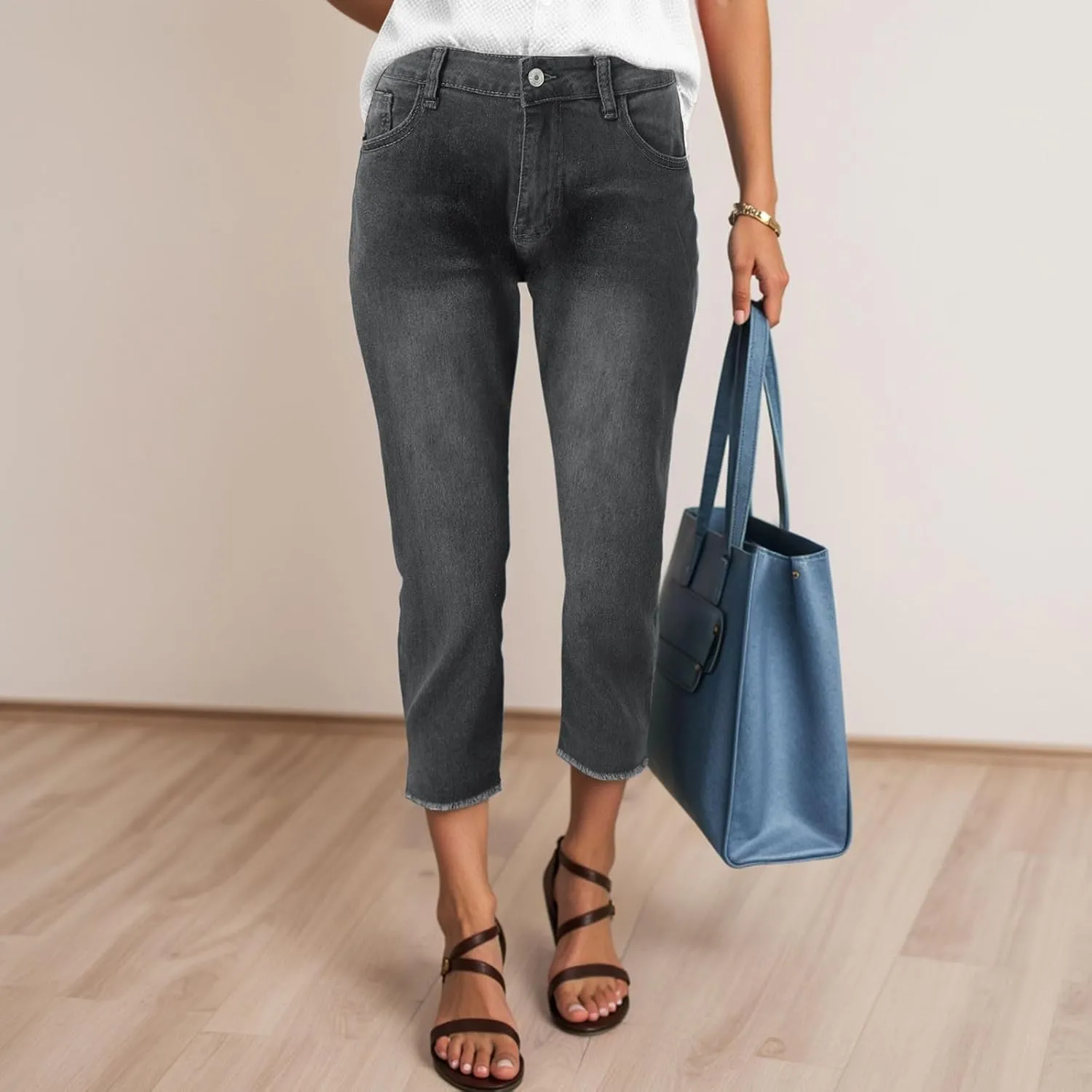 Capri Jeans for Women Stretch Leg High Waisted Distressed Denim Skinny Cropped Jean Streetwear