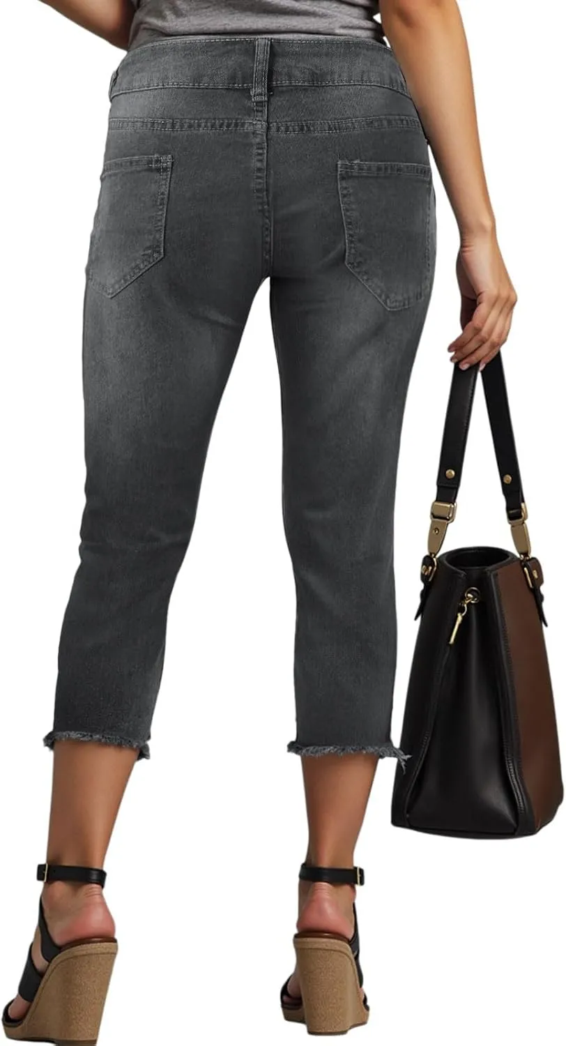 Capri Jeans for Women Stretch Leg High Waisted Distressed Denim Skinny Cropped Jean Streetwear