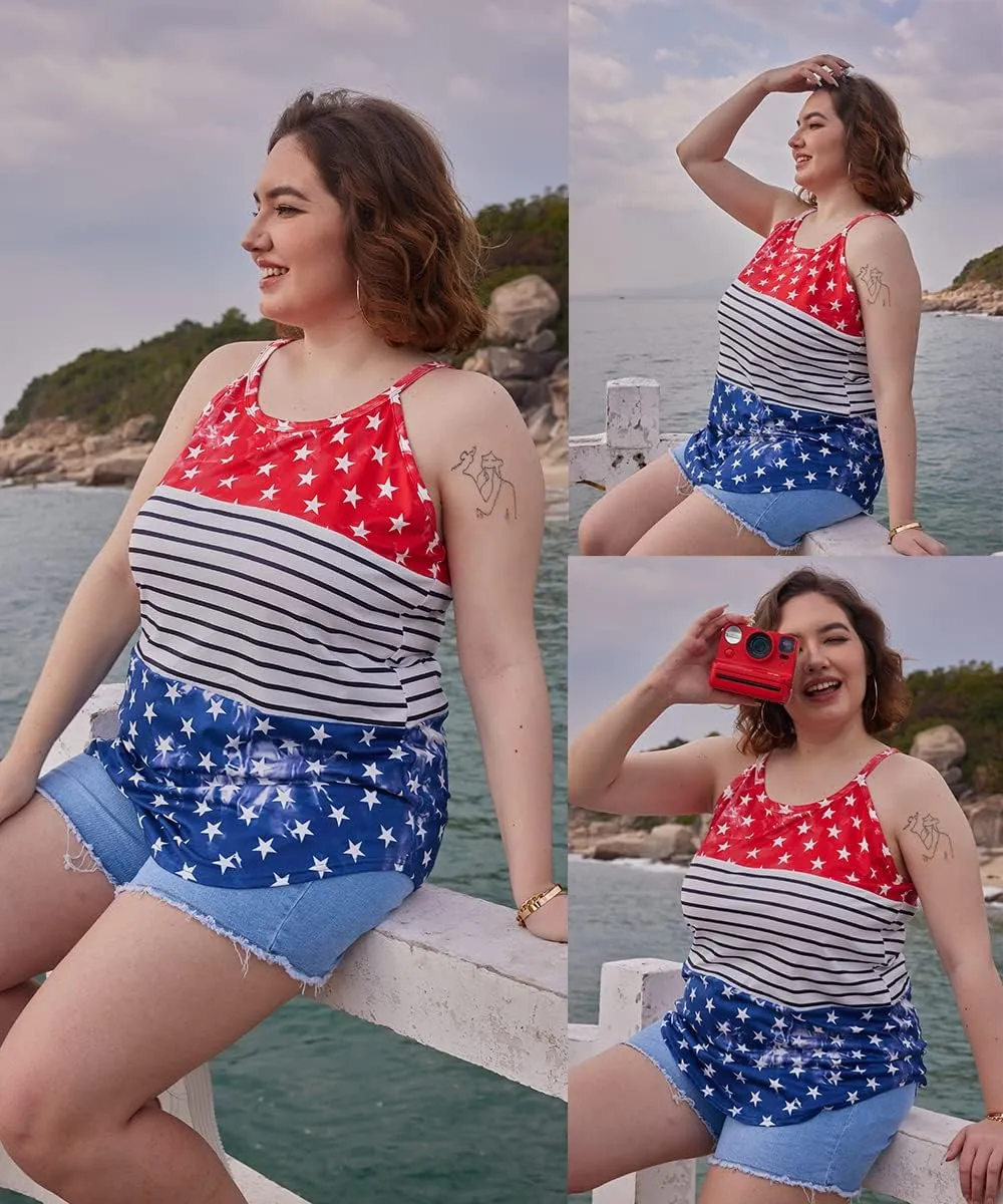CARCOS Plus Size Tank Tops for Women Summer Pullover Color Block Sleeveless T Shirt Neck Basic Shirt XL-5XL