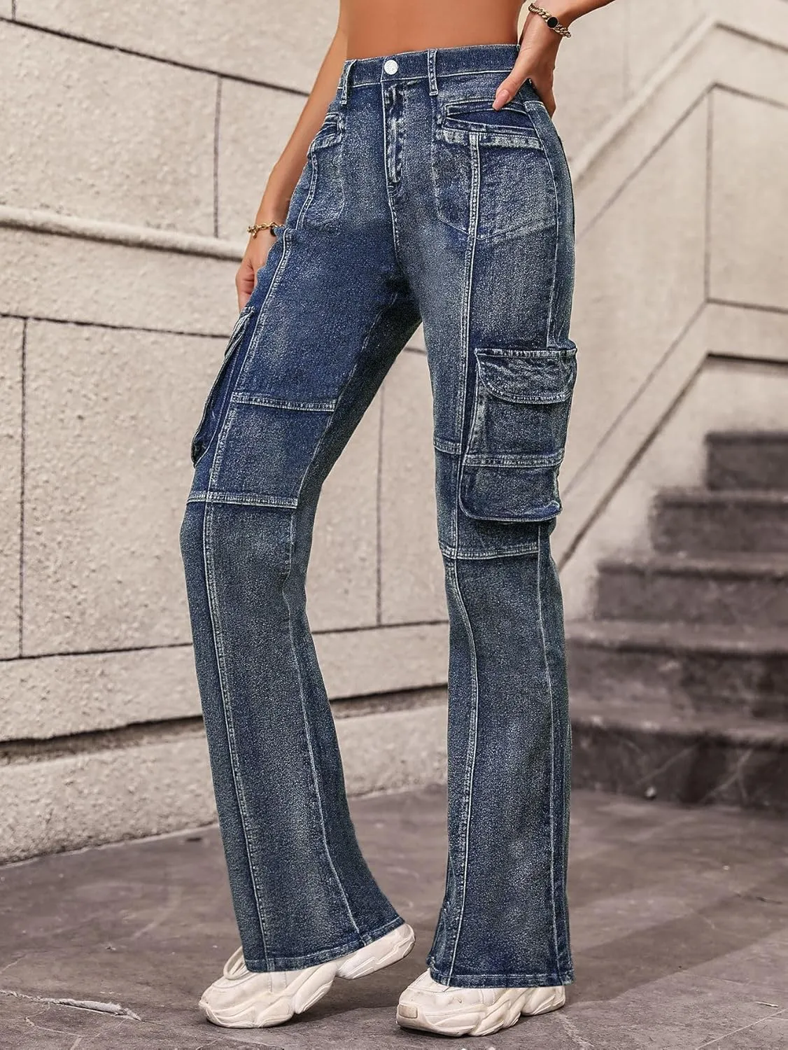 Cargo Jeans for Women High Waisted Curvy Slim Fit Denim Pants Vintage Mom Stretchy Skinny Flare Jeans Streetwear