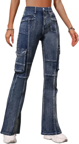 Cargo Jeans for Women High Waisted Curvy Slim Fit Denim Pants Vintage Mom Stretchy Skinny Flare Jeans Streetwear