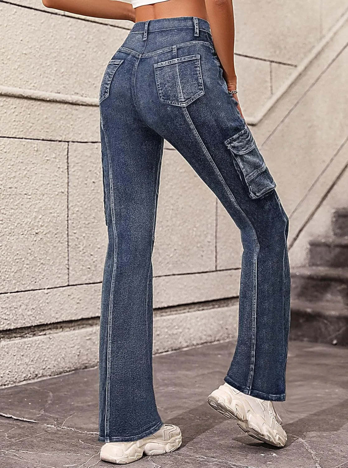 Cargo Jeans for Women High Waisted Curvy Slim Fit Denim Pants Vintage Mom Stretchy Skinny Flare Jeans Streetwear