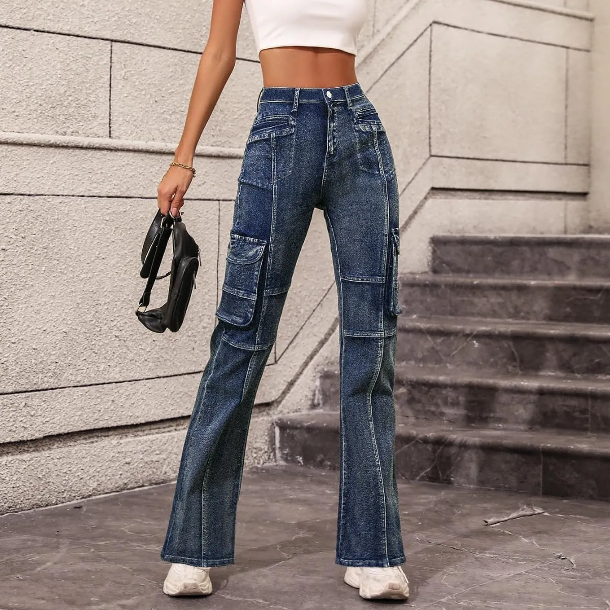 Cargo Jeans for Women High Waisted Curvy Slim Fit Denim Pants Vintage Mom Stretchy Skinny Flare Jeans Streetwear