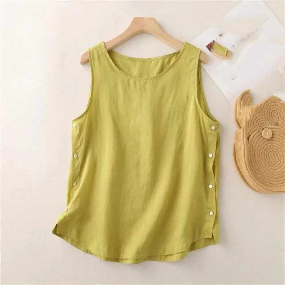 Casual Cotton Linen Vest Women' Summer Simple Neck Side Button Pullover Sleeveless T-shirt