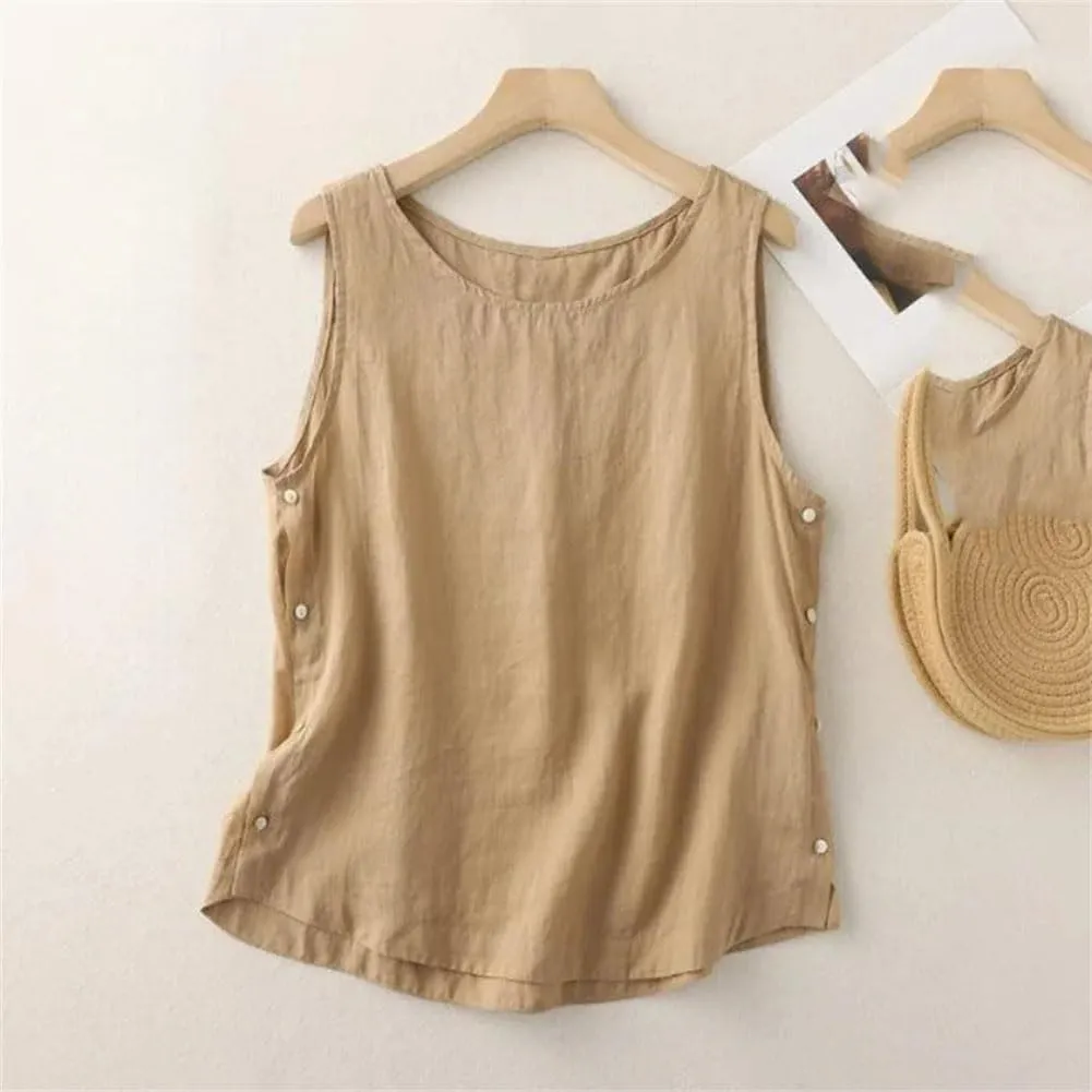 Casual Cotton Linen Vest Women' Summer Simple Neck Side Button Pullover Sleeveless T-shirt
