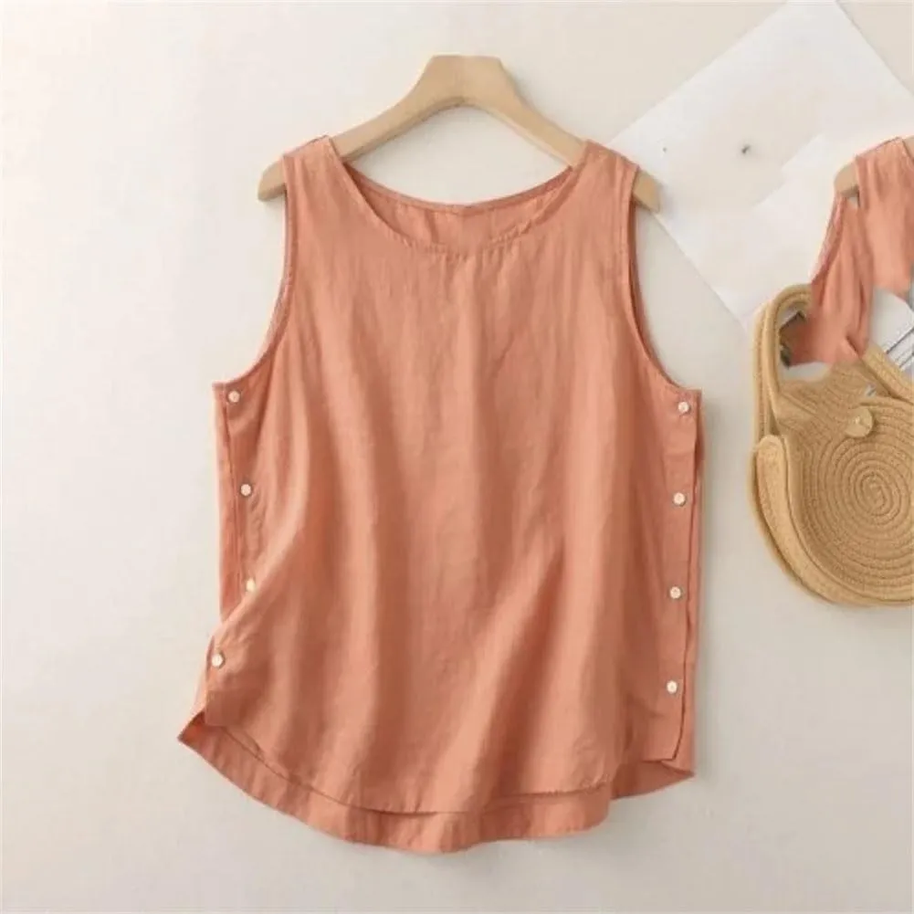 Casual Cotton Linen Vest Women' Summer Simple Neck Side Button Pullover Sleeveless T-shirt