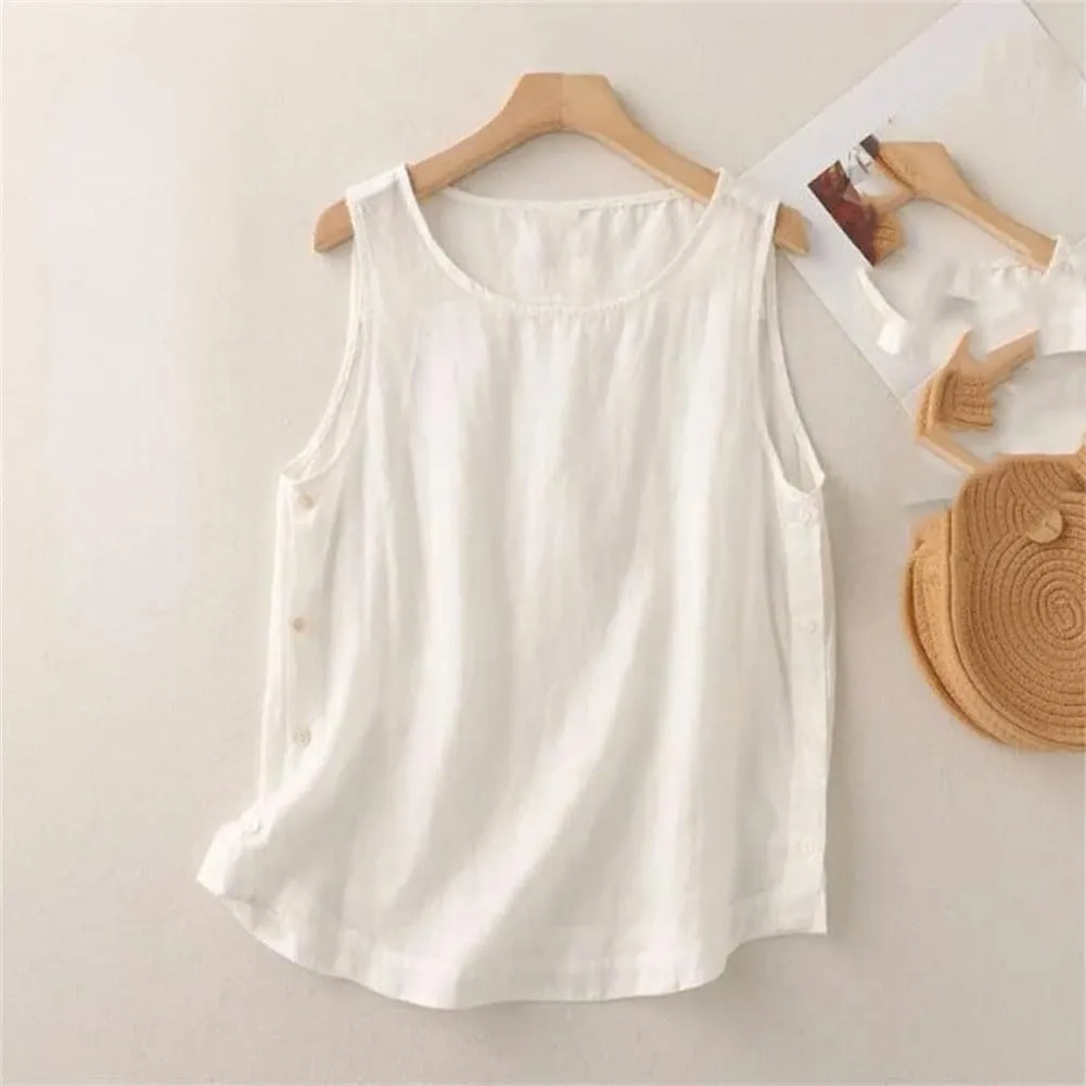 Casual Cotton Linen Vest Women' Summer Simple Neck Side Button Pullover Sleeveless T-shirt