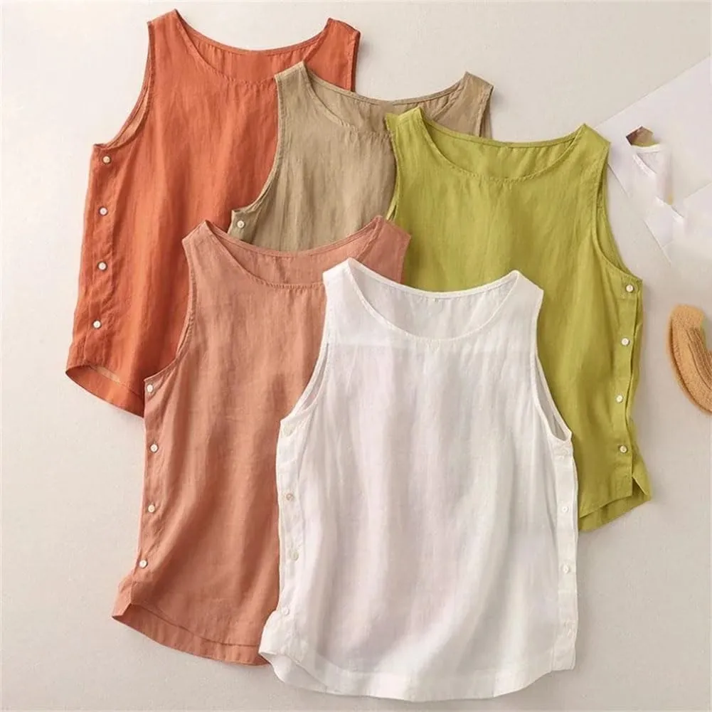 Casual Cotton Linen Vest Women' Summer Simple Neck Side Button Pullover Sleeveless T-shirt