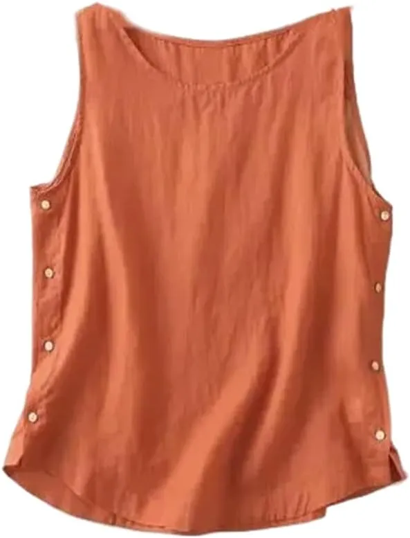 Casual Cotton Linen Vest Women' Summer Simple Neck Side Button Pullover Sleeveless T-shirt