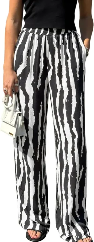 CCTOO Striped Wide Leg Pants for Women Summer 2025 Palazzo Pants for Women Casual Low Waist Lounge Pants with Pockets