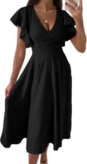 Cocktail Dresses for Women 2025 Wedding Guest Dress Ruffle Cap Sleeve Formal Dresses Wrap V Neck A-Line Midi Dress