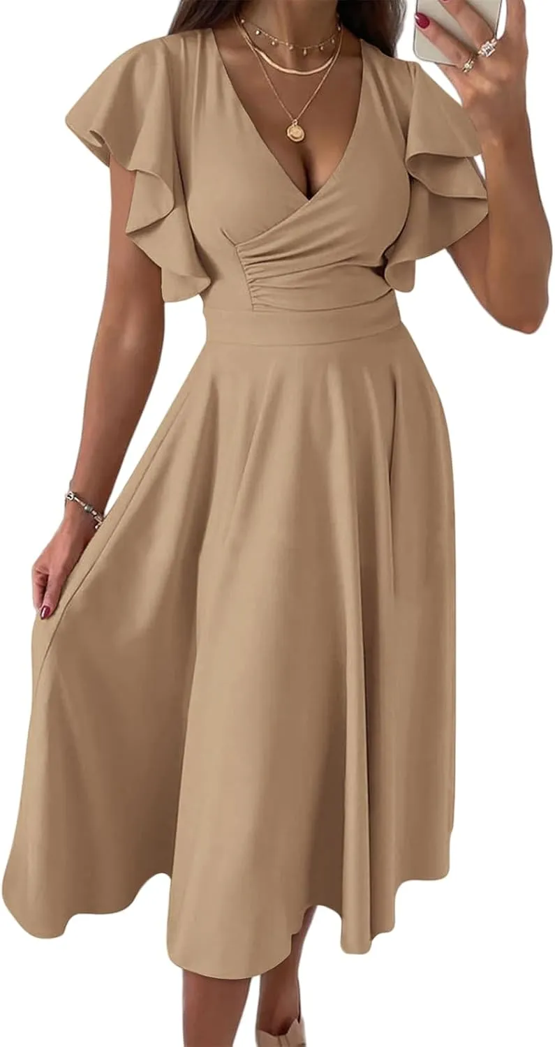 Cocktail Dresses for Women 2025 Wedding Guest Dress Ruffle Cap Sleeve Formal Dresses Wrap V Neck A-Line Midi Dress