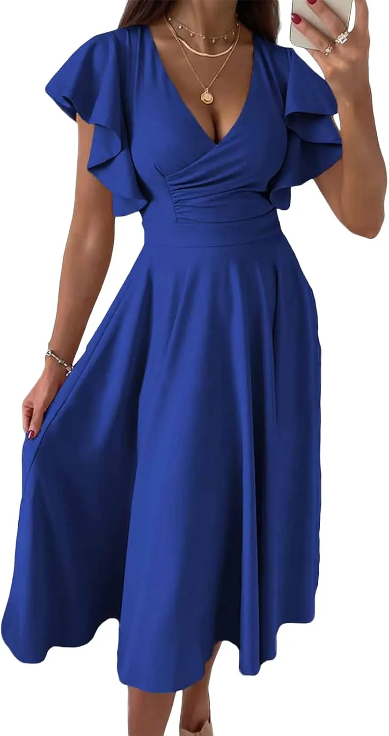 Cocktail Dresses for Women 2025 Wedding Guest Dress Ruffle Cap Sleeve Formal Dresses Wrap V Neck A-Line Midi Dress