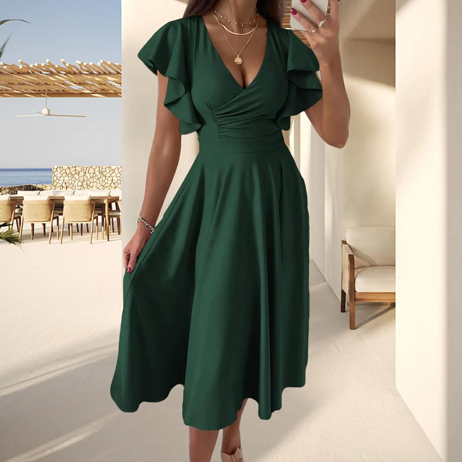 Cocktail Dresses for Women 2025 Wedding Guest Dress Ruffle Cap Sleeve Formal Dresses Wrap V Neck A-Line Midi Dress