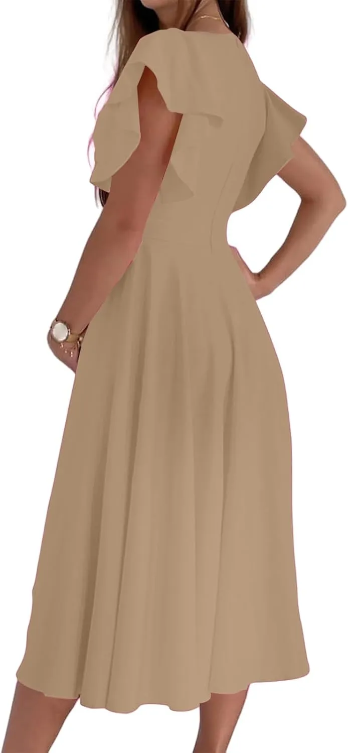 Cocktail Dresses for Women 2025 Wedding Guest Dress Ruffle Cap Sleeve Formal Dresses Wrap V Neck A-Line Midi Dress