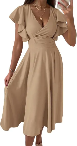 Cocktail Dresses for Women 2025 Wedding Guest Dress Ruffle Cap Sleeve Formal Dresses Wrap V Neck A-Line Midi Dress
