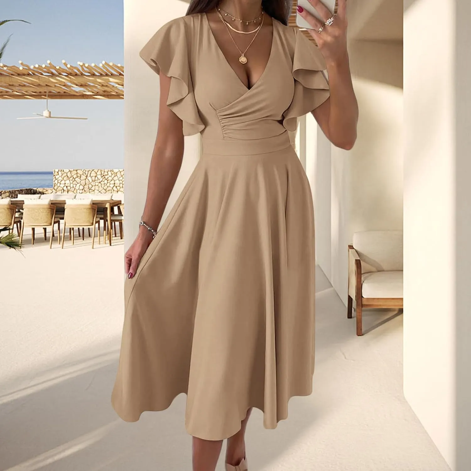 Cocktail Dresses for Women 2025 Wedding Guest Dress Ruffle Cap Sleeve Formal Dresses Wrap V Neck A-Line Midi Dress