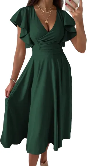 Cocktail Dresses for Women 2025 Wedding Guest Dress Ruffle Cap Sleeve Formal Dresses Wrap V Neck A-Line Midi Dress