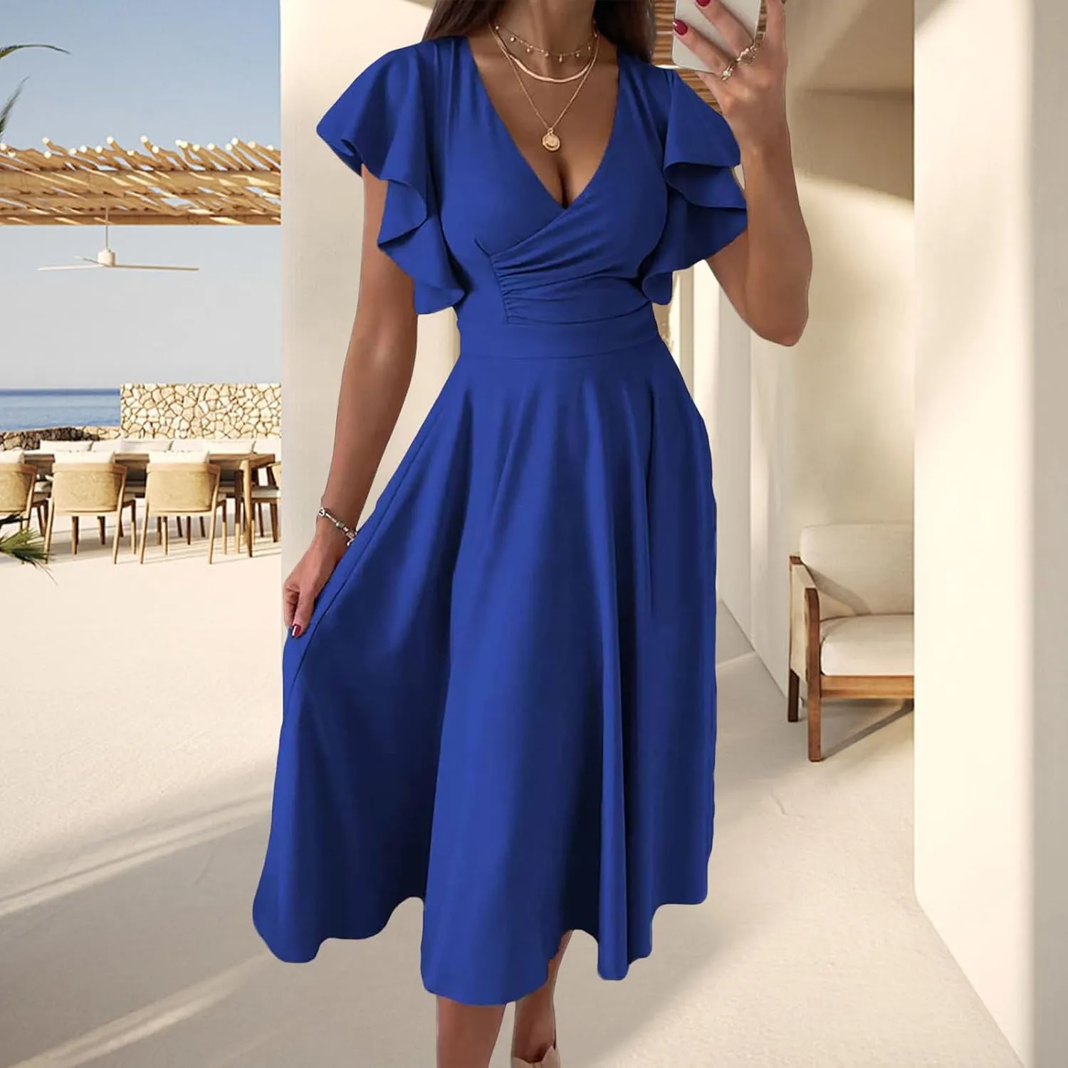 Cocktail Dresses for Women 2025 Wedding Guest Dress Ruffle Cap Sleeve Formal Dresses Wrap V Neck A-Line Midi Dress