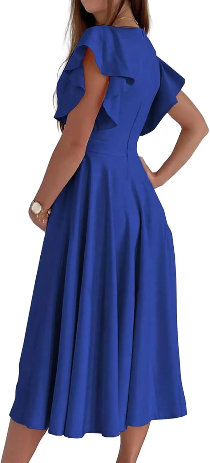 Cocktail Dresses for Women 2025 Wedding Guest Dress Ruffle Cap Sleeve Formal Dresses Wrap V Neck A-Line Midi Dress