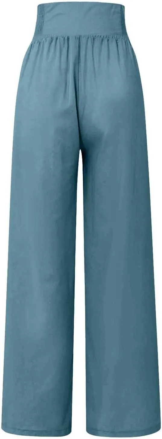 Cotton Leggings for Women Pants Fashion Drawstring Elastic Trousers Comfy Women Pleated High Waisted Wide Leg Pants