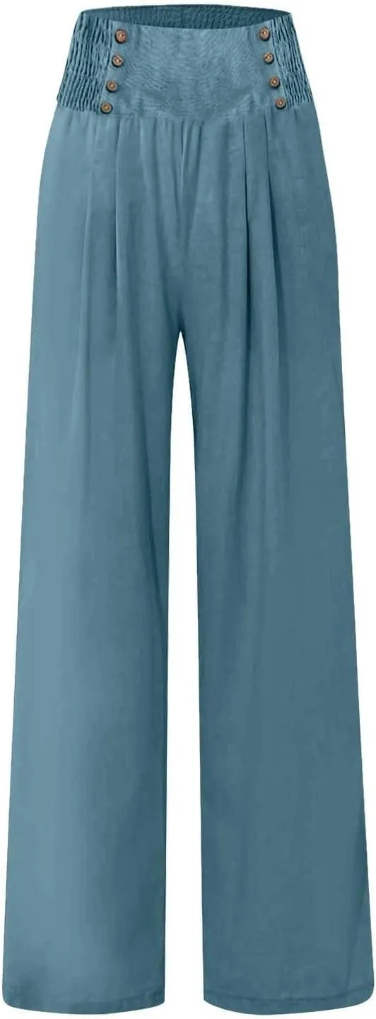 Cotton Leggings for Women Pants Fashion Drawstring Elastic Trousers Comfy Women Pleated High Waisted Wide Leg Pants