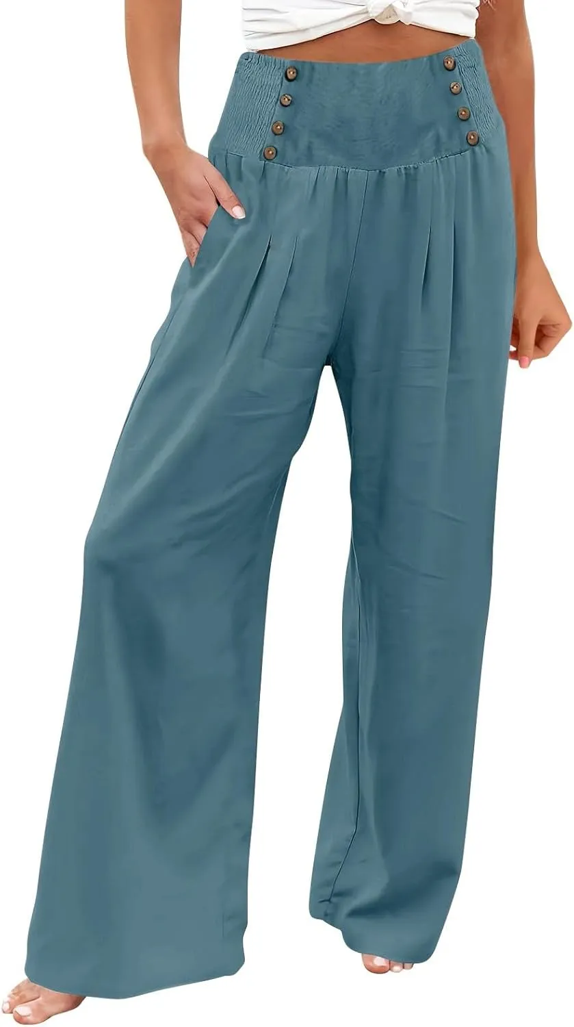 Cotton Leggings for Women Pants Fashion Drawstring Elastic Trousers Comfy Women Pleated High Waisted Wide Leg Pants