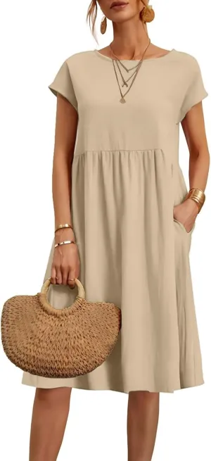 Cotton Linen Dress Womens Casual Summer Cap Sleeve Midi Dress A Line Flowy Knee Length T Shirt Dress with Pockets