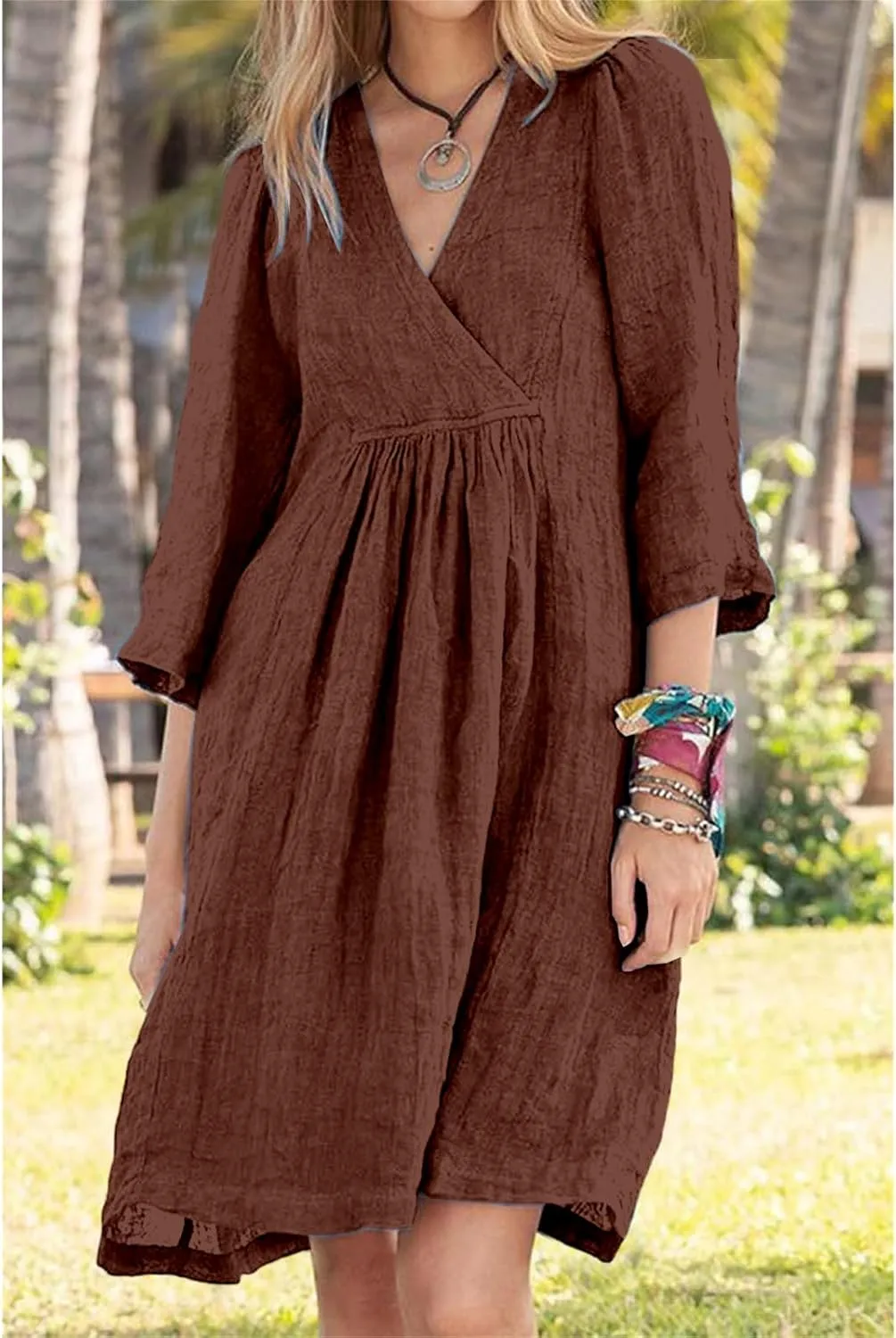Cotton Linen for Women 2025 Summer V-Neck 3/4 Sleeve Ruffled A-Line Midi Dress Casual Modest Knee-Length Dress