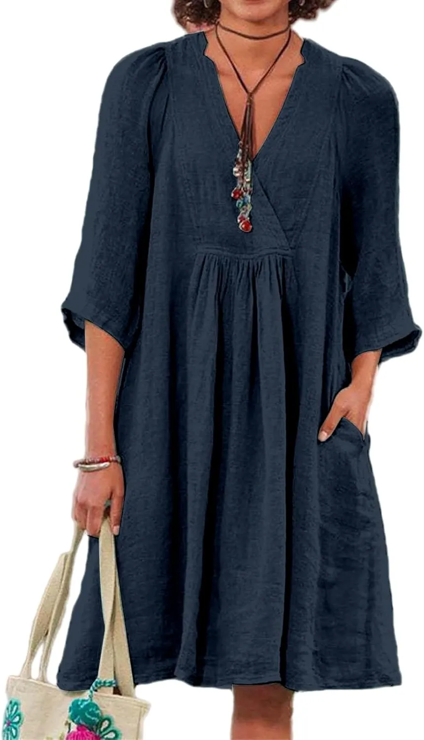 Cotton Linen for Women 2025 Summer V-Neck 3/4 Sleeve Ruffled A-Line Midi Dress Casual Modest Knee-Length Dress