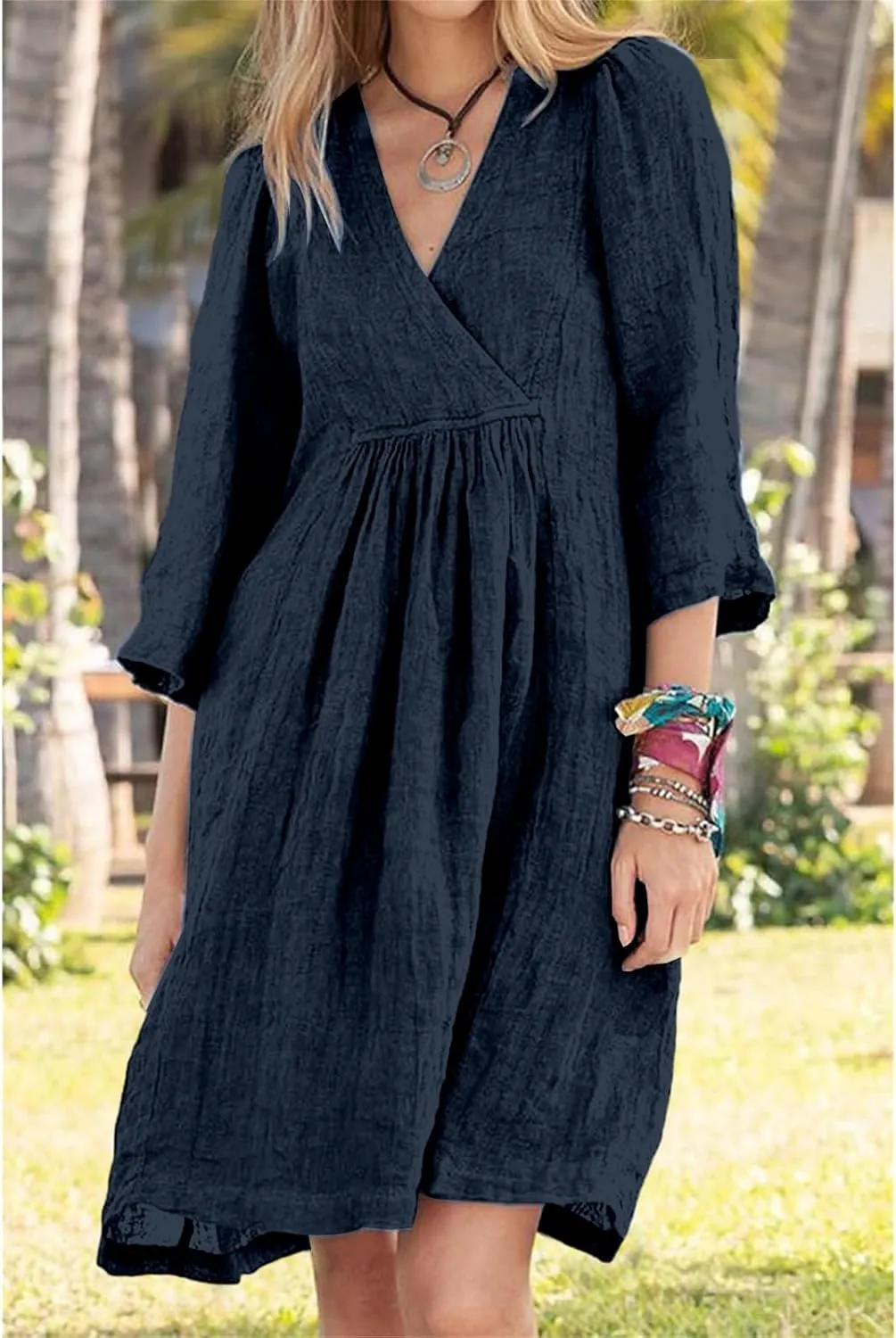 Cotton Linen for Women 2025 Summer V-Neck 3/4 Sleeve Ruffled A-Line Midi Dress Casual Modest Knee-Length Dress