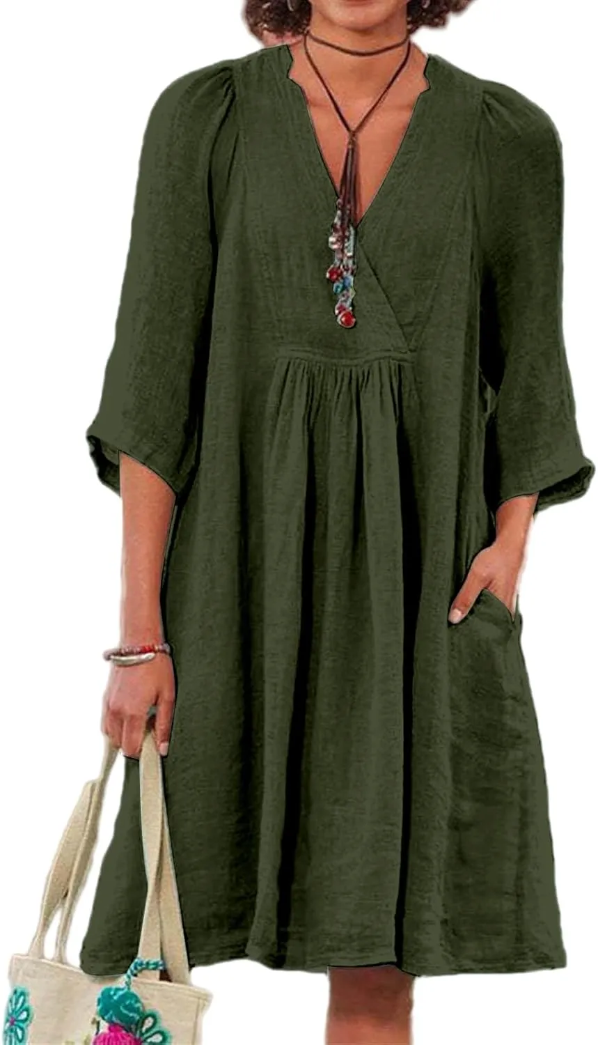 Cotton Linen for Women 2025 Summer V-Neck 3/4 Sleeve Ruffled A-Line Midi Dress Casual Modest Knee-Length Dress