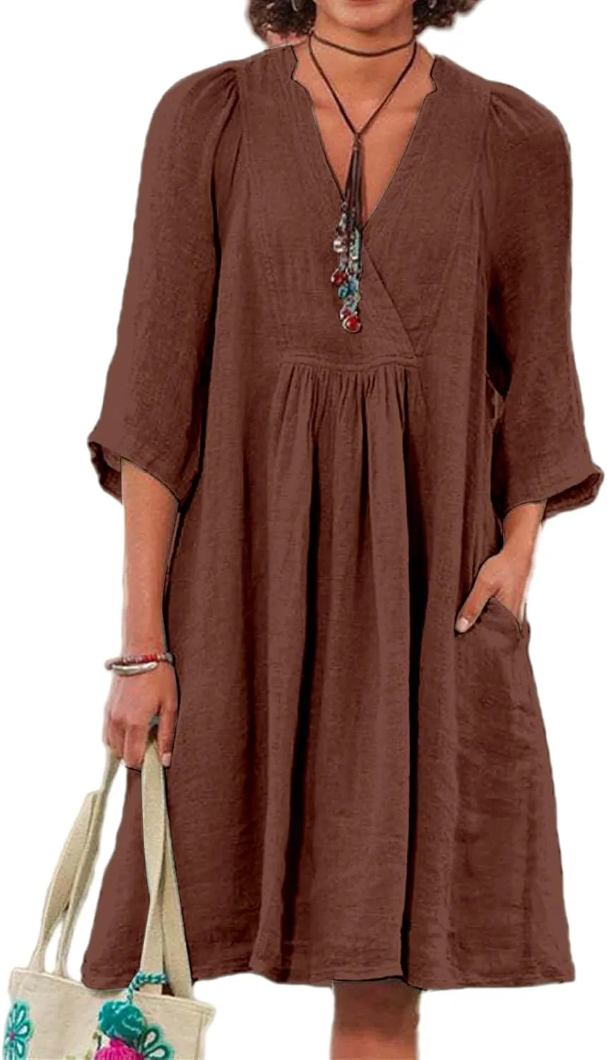 Cotton Linen for Women 2025 Summer V-Neck 3/4 Sleeve Ruffled A-Line Midi Dress Casual Modest Knee-Length Dress