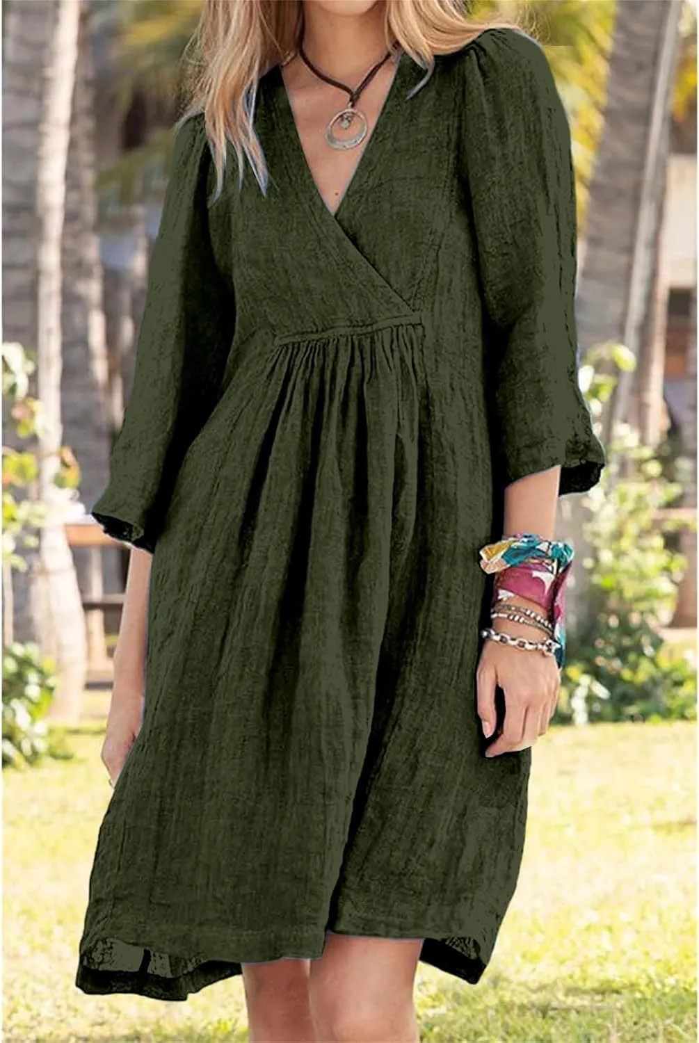 Cotton Linen for Women 2025 Summer V-Neck 3/4 Sleeve Ruffled A-Line Midi Dress Casual Modest Knee-Length Dress