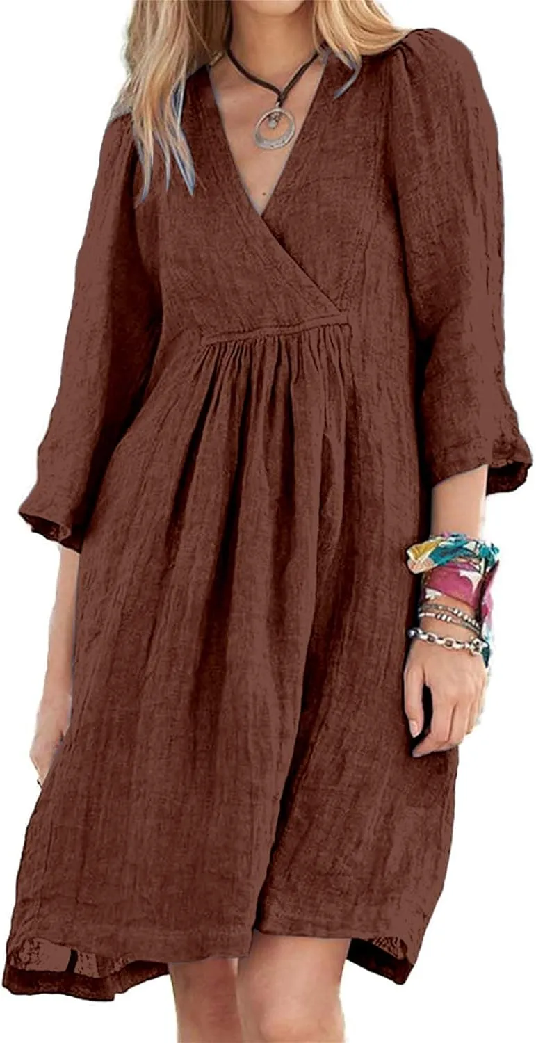 Cotton Linen for Women 2025 Summer V-Neck 3/4 Sleeve Ruffled A-Line Midi Dress Casual Modest Knee-Length Dress