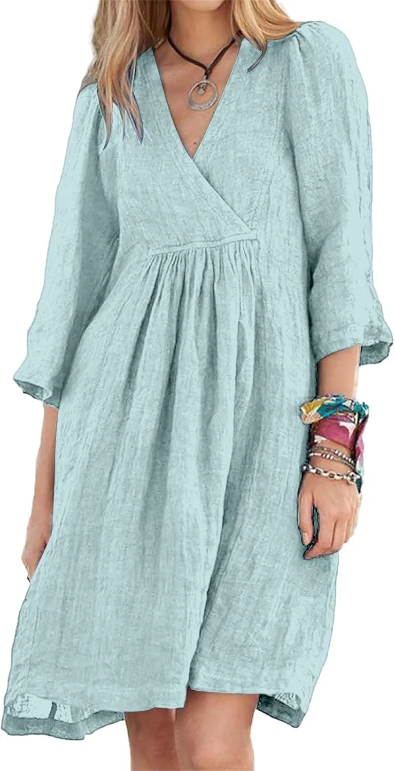 Cotton Linen for Women 2025 Summer V-Neck 3/4 Sleeve Ruffled A-Line Midi Dress Casual Modest Knee-Length Dress