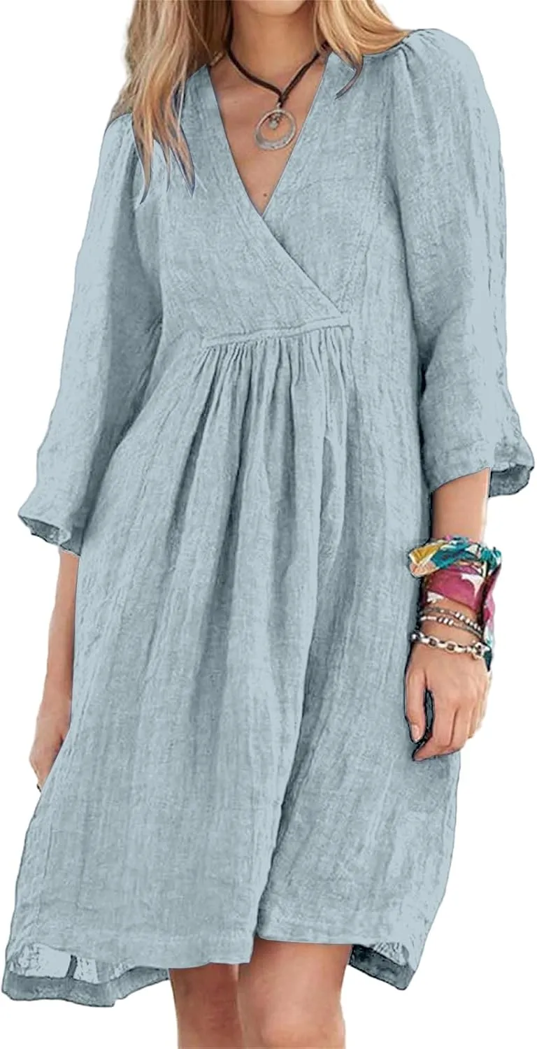 Cotton Linen for Women 2025 Summer V-Neck 3/4 Sleeve Ruffled A-Line Midi Dress Casual Modest Knee-Length Dress