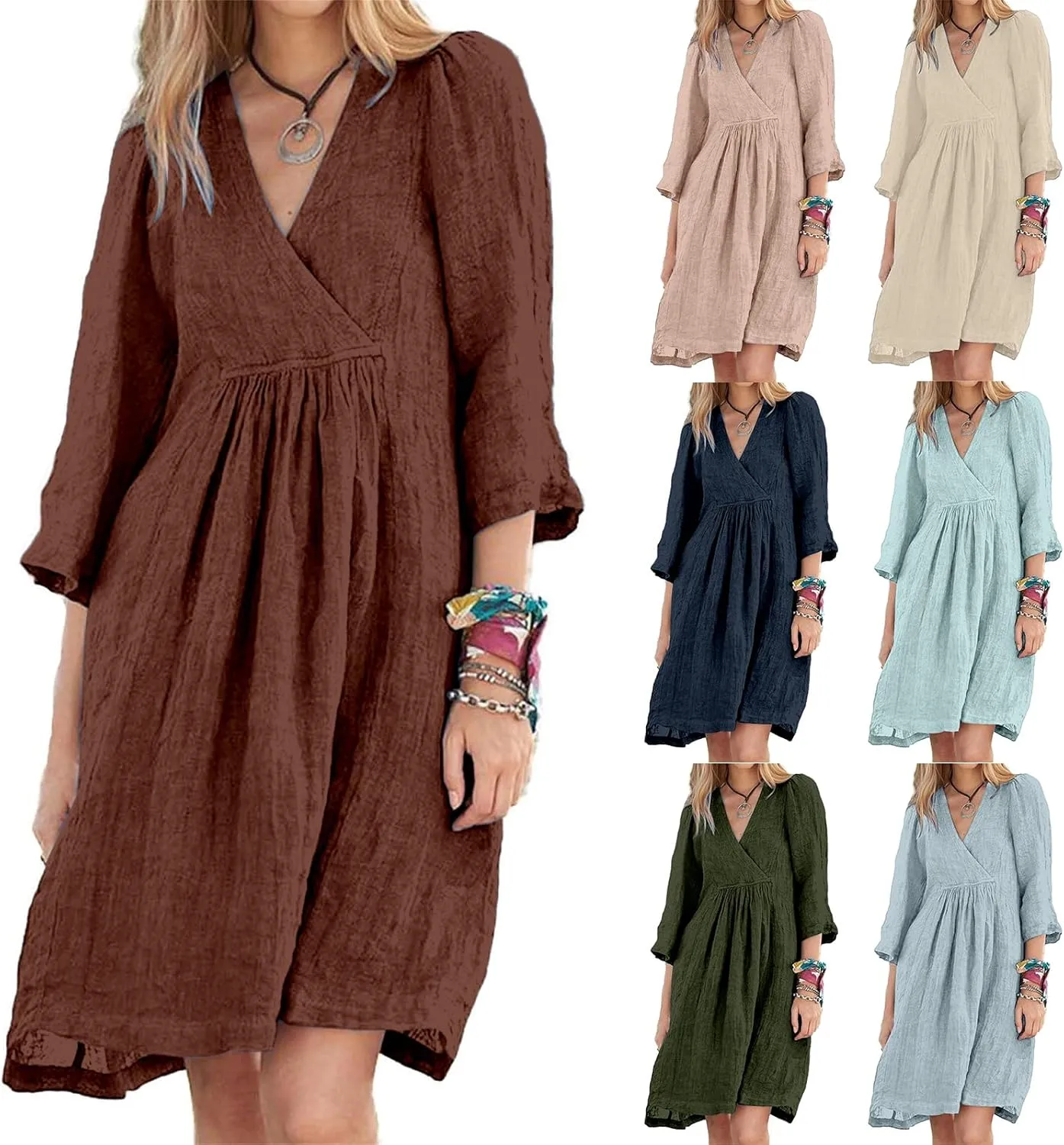 Cotton Linen for Women 2025 Summer V-Neck 3/4 Sleeve Ruffled A-Line Midi Dress Casual Modest Knee-Length Dress
