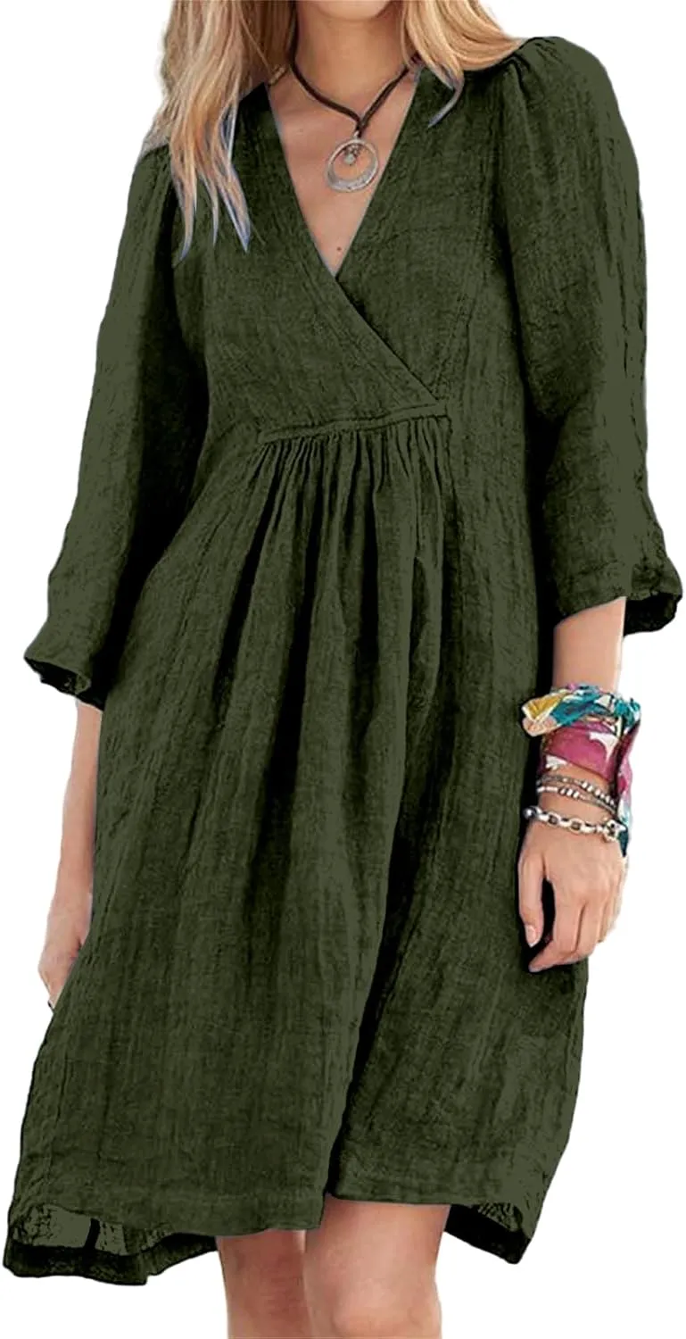 Cotton Linen for Women 2025 Summer V-Neck 3/4 Sleeve Ruffled A-Line Midi Dress Casual Modest Knee-Length Dress