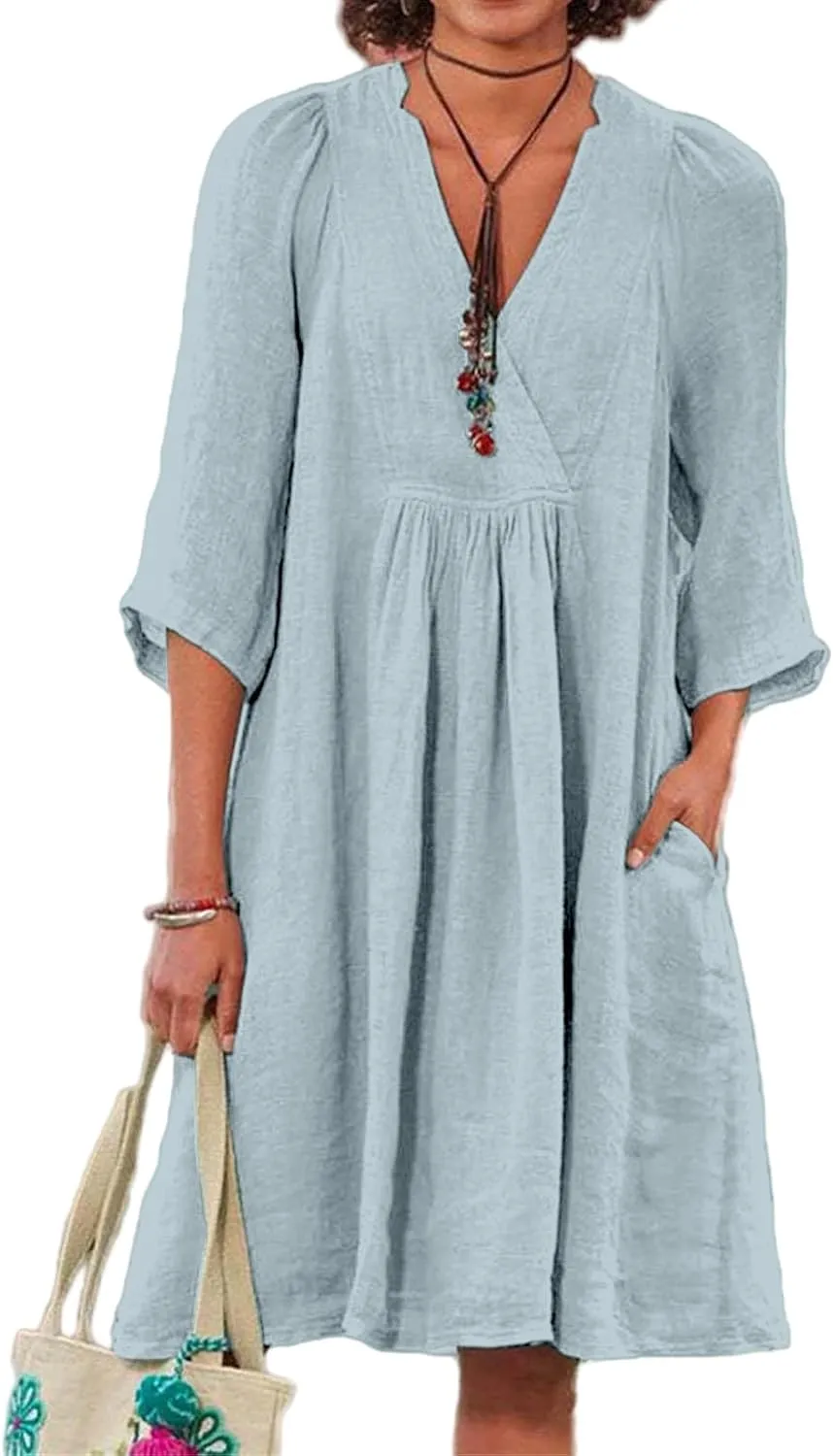 Cotton Linen for Women 2025 Summer V-Neck 3/4 Sleeve Ruffled A-Line Midi Dress Casual Modest Knee-Length Dress
