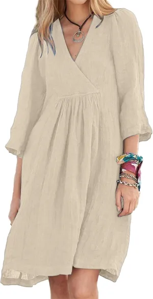 Cotton Linen for Women 2025 Summer V-Neck 3/4 Sleeve Ruffled A-Line Midi Dress Casual Modest Knee-Length Dress