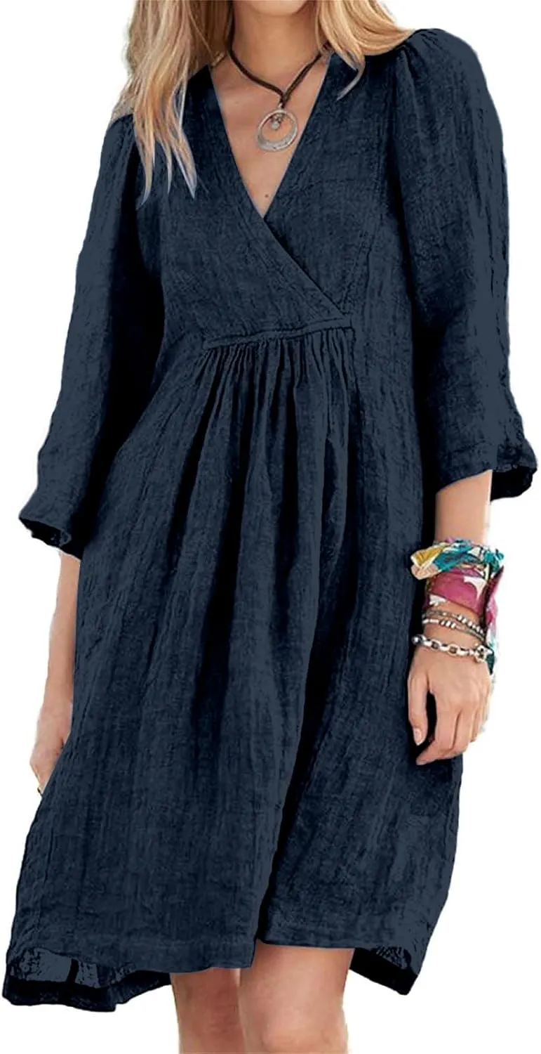 Cotton Linen for Women 2025 Summer V-Neck 3/4 Sleeve Ruffled A-Line Midi Dress Casual Modest Knee-Length Dress