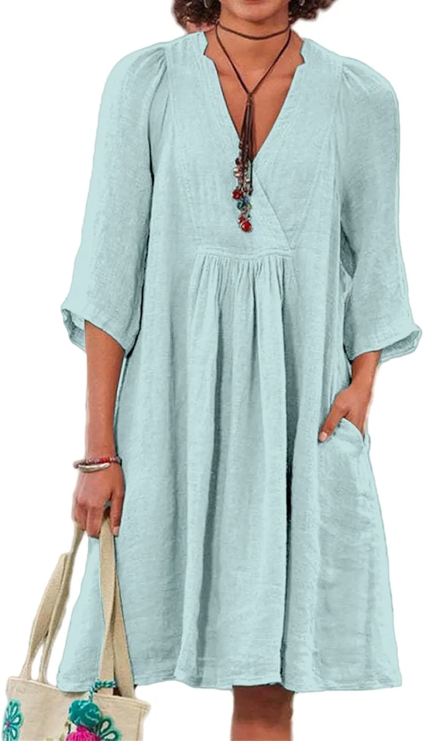 Cotton Linen for Women 2025 Summer V-Neck 3/4 Sleeve Ruffled A-Line Midi Dress Casual Modest Knee-Length Dress