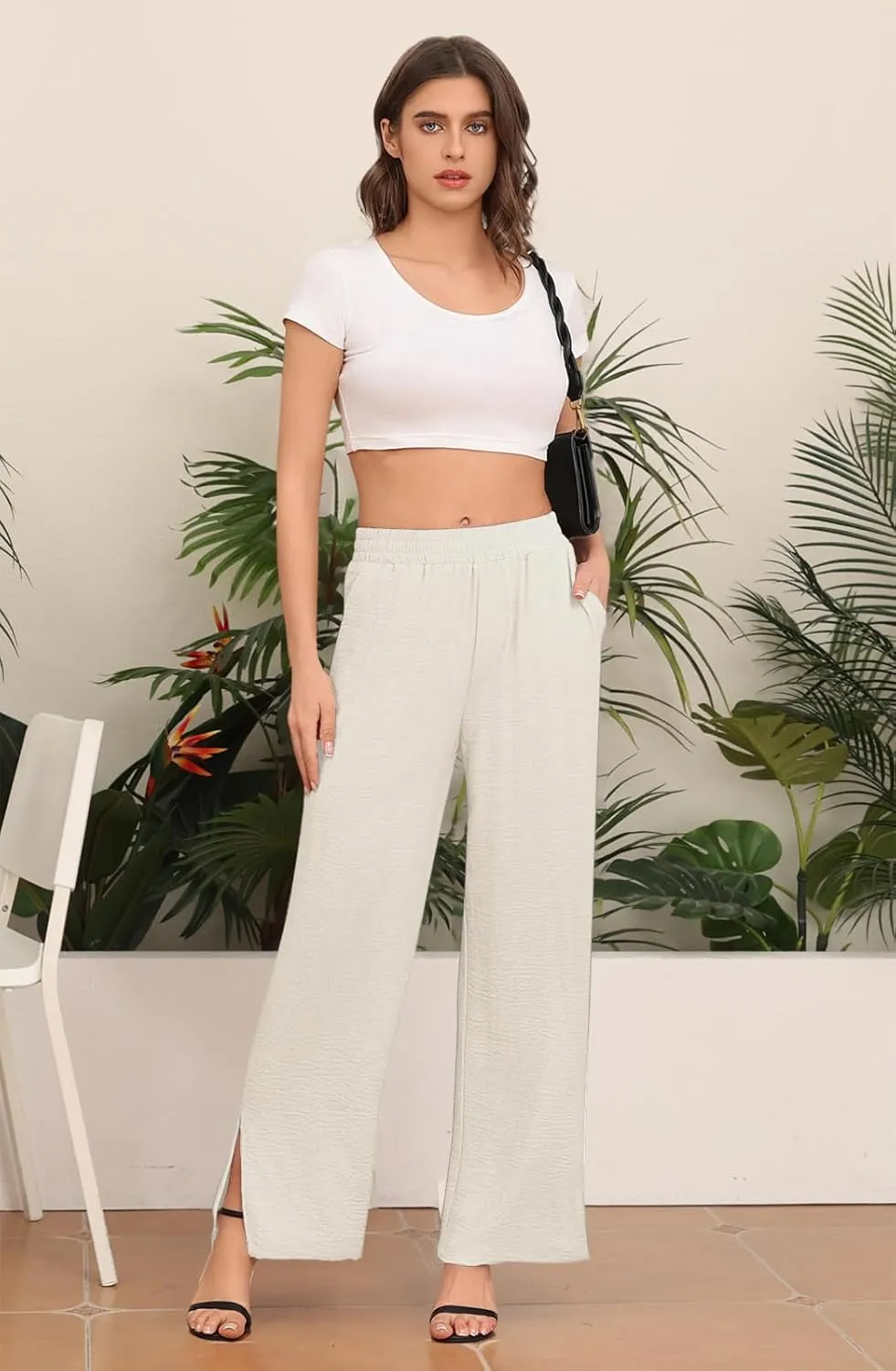 DILIUXING Women's Wide Leg Lounge Pants with Pockets Side Slits Lightweight High Waisted Loose Trouser