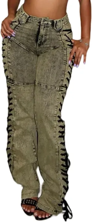DINGANG High Waisted Sexy Jean for Women's Straight Leg Drawstring Lace Up Stretch Distressed Denim Pants