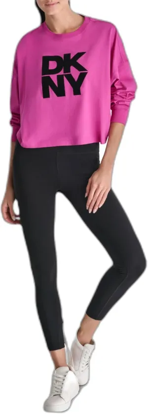 DKNY womens Logo Long Sleeve Cropped Drop Shoulder T-shirt