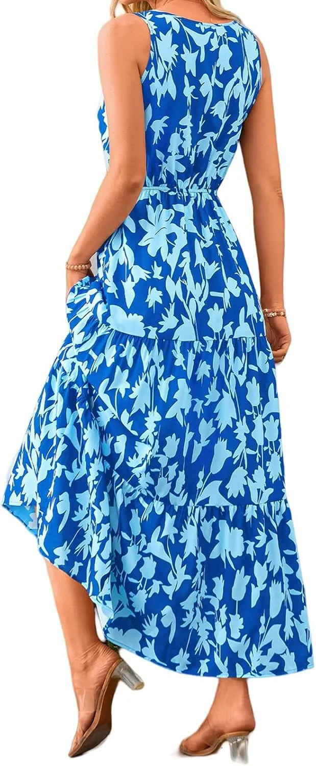 Dresses for Women Trendy Boho Floral V Neck Long Sundress Casual Sleeveless Maxi Dresses High Waist Wedding Guest Dress