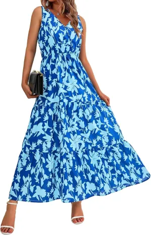 Dresses for Women Trendy Boho Floral V Neck Long Sundress Casual Sleeveless Maxi Dresses High Waist Wedding Guest Dress
