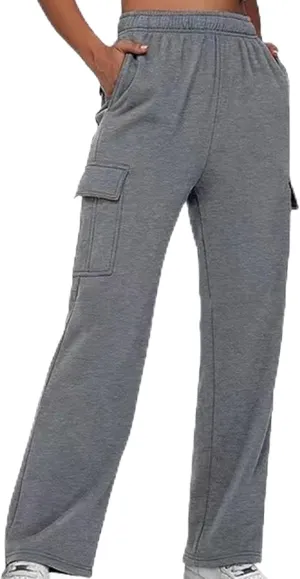 Elastic Waist Trousers Pants for Women Plus Size Cargo Pants with Pockets Straight Leg Casual Loose Sports Pants