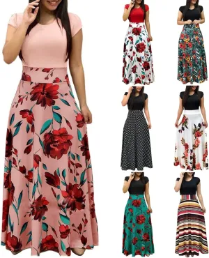 Empire Waist Dresses for Women Short Sleeve Vintage Floral Maxi Dress Long Formal Casual Church Wedding Guest Dresses